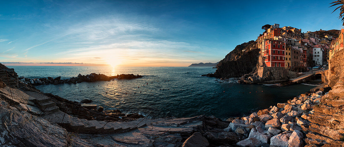 Panoramic view of Riomaggiore Harbour at winter sunset, municipality of Riomaggiore, Cinque Terre, La Spezia province, Ligury, Italy, Europe