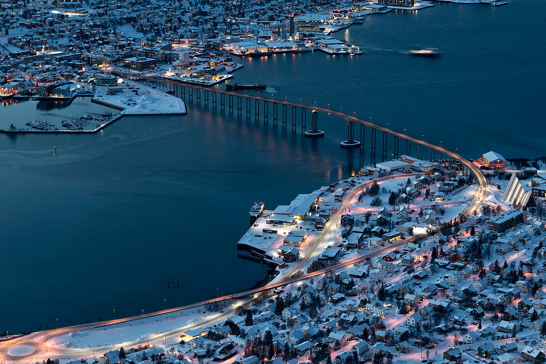 Particular view of the city of Troms? at dusk from the mountain top reached by the Fjellheisen cable car,Troms county, Northern Norway, Europe