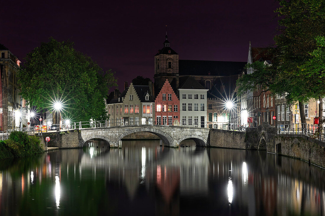 night view of the city center, municipality of Bruges, West Flanders, Belgium, Europe