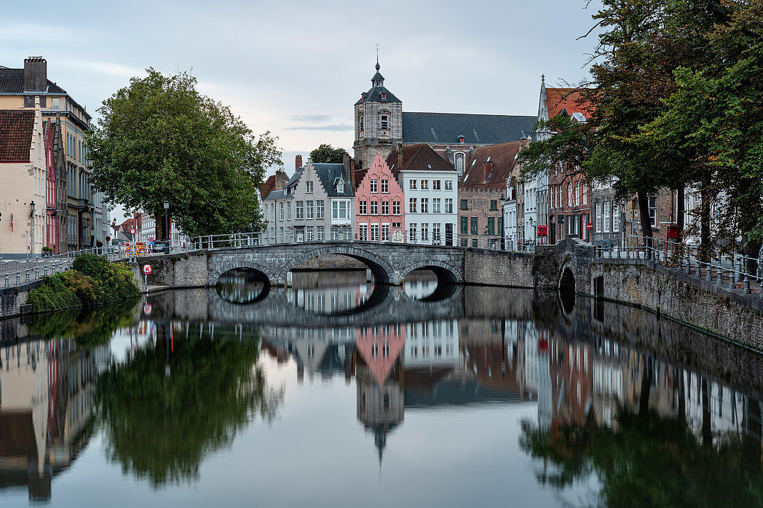 view of the city center at dusk, municipality of Bruges, West Flanders, Belgium, Europe