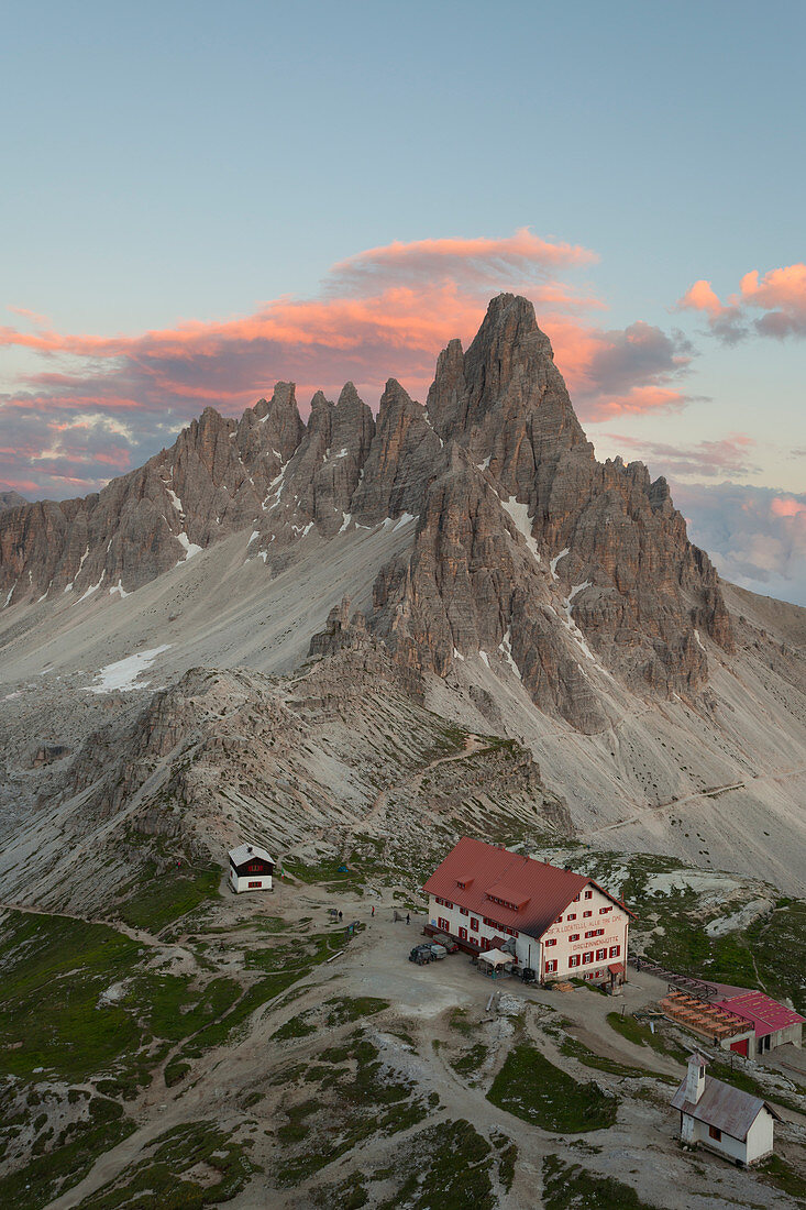 Dusk on Paterno Mount with Locatelli-Innerkofler refuge, Dolomites, Dobbiaco, South Tyrol, Bolzano, Italy