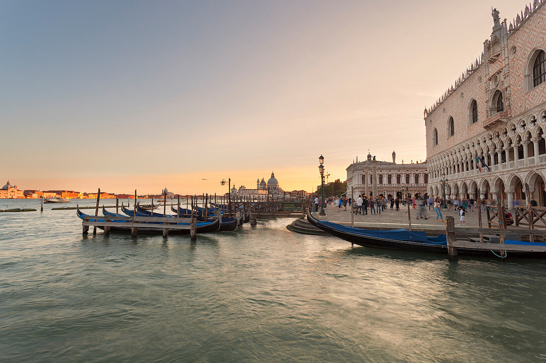 Santa Maria della Salute Basilica and Doge's Palace from Riva degli Schiavoni at sunset, Venice, Veneto, Italy