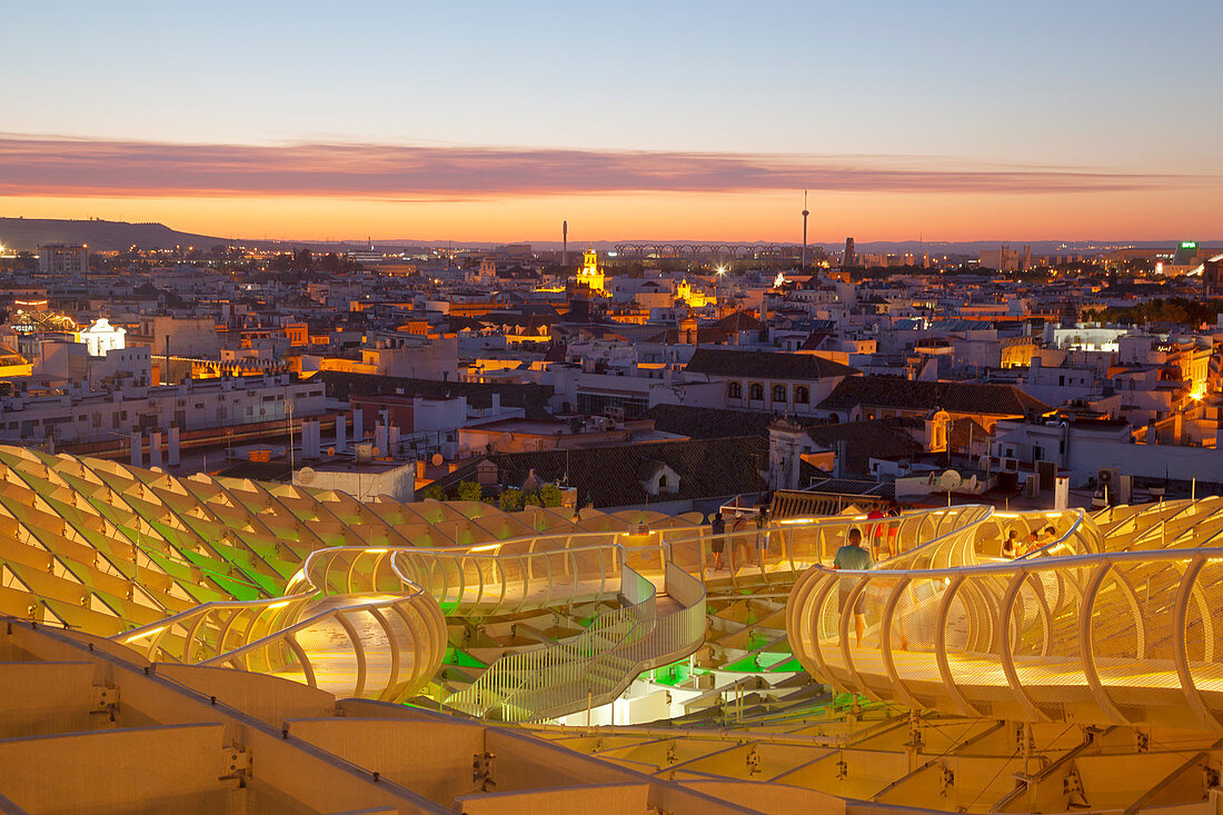 The view from the upper level of Metropol Parasol at sunset, Seville, province of Seville, Andalusia, Spain