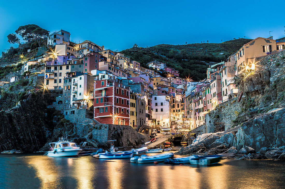 Riomaggiore at night, Cinque Terre, Liguria, Italy