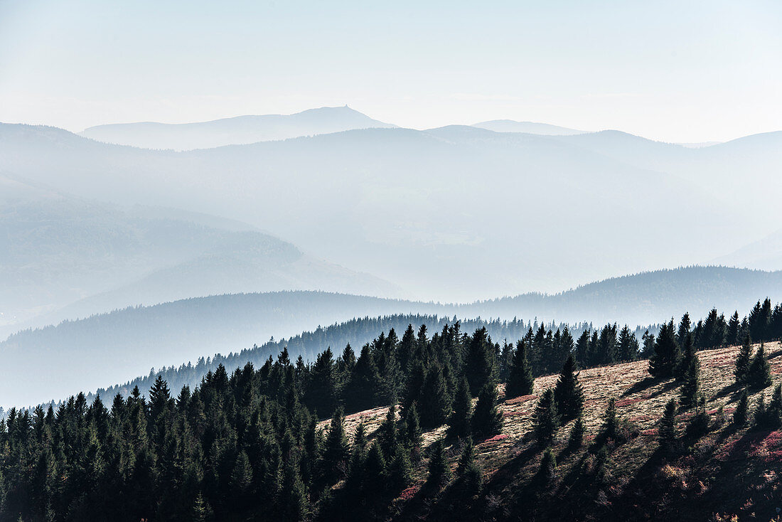 Staggered mountain ranges in the haze, at Hohneck, Col de la Gorge, Vosges, Alsace-Lorraine, France