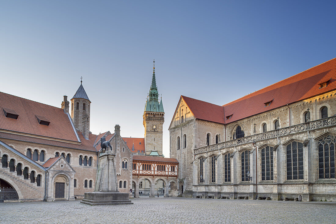 Castle Dankwardrode, Town Hall Tower and St. Blasii Cathedral on Burgplatz in Braunschweig, Lower Saxony, Northern Germany