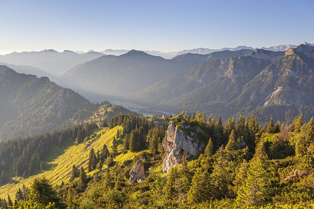 View from the Teufelstättkopf on the Pürschling in the Ammergau Alps and the Graswangtal, Oberammergau, Upper Bavaria, Bavaria