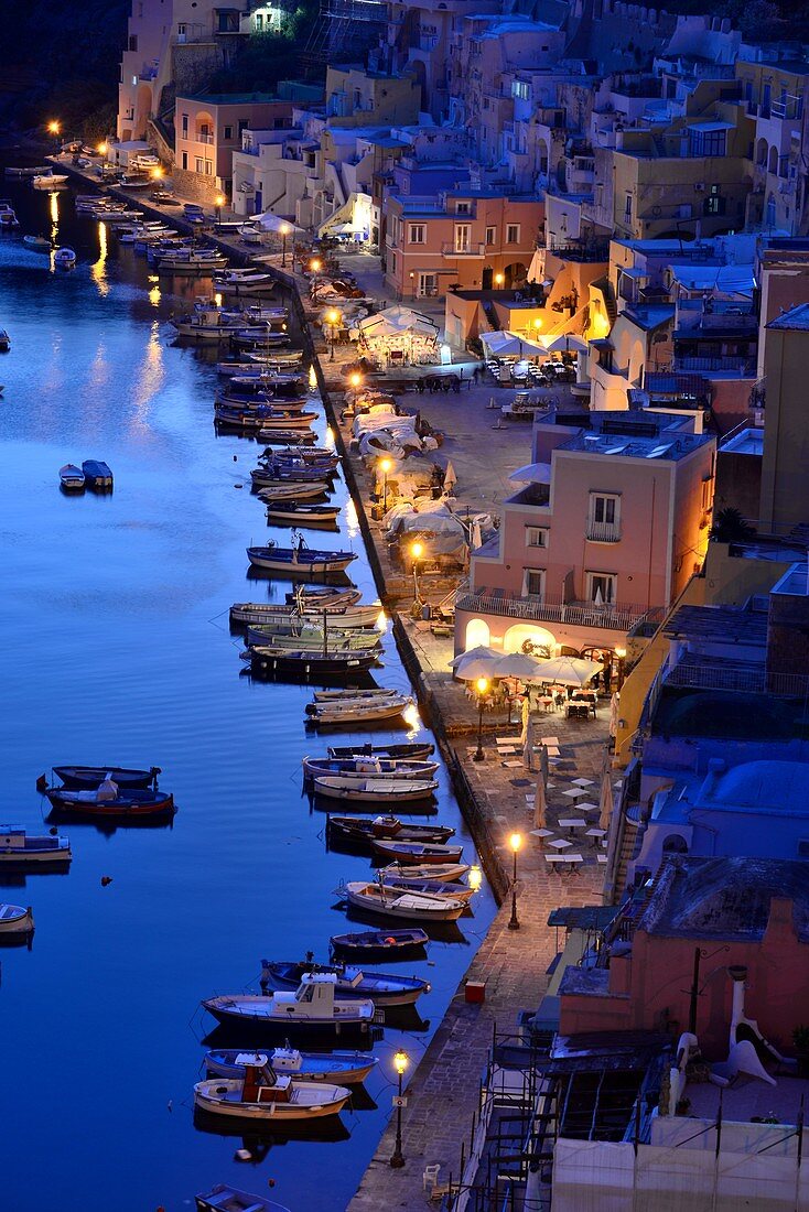 Blick auf den kleinen Hafen von Corricella auf der Insel Procida, Golf von Neapel, Kampanien, Italien