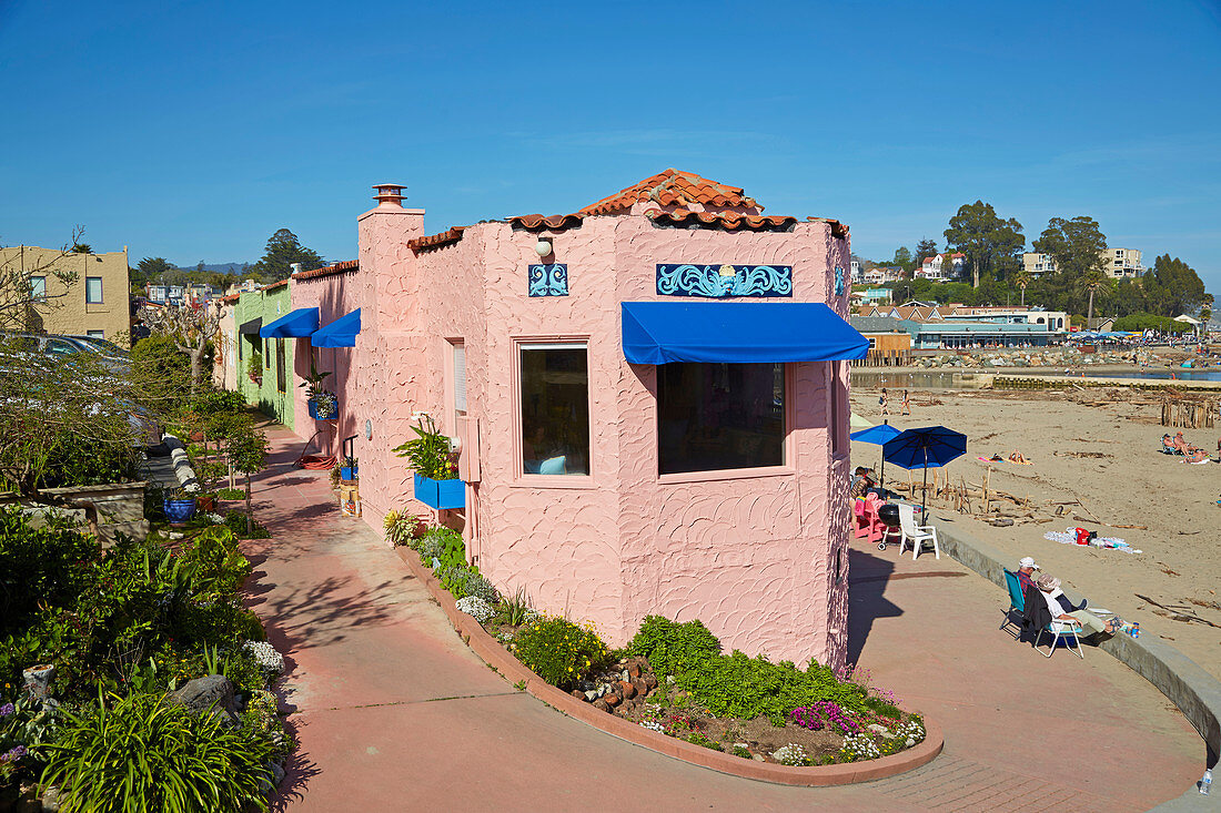 House near beach and footbridge in Capitola, California, USA