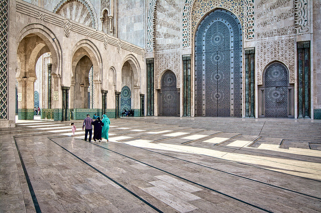 Courtyard in Hassan II Mosque with visitors, Casablanca, Morocco, Africa