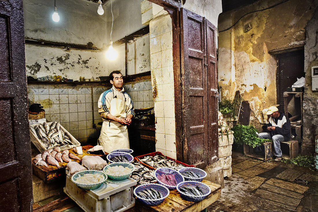 Fishmonger in the old town of Fes, Morocco, Africa