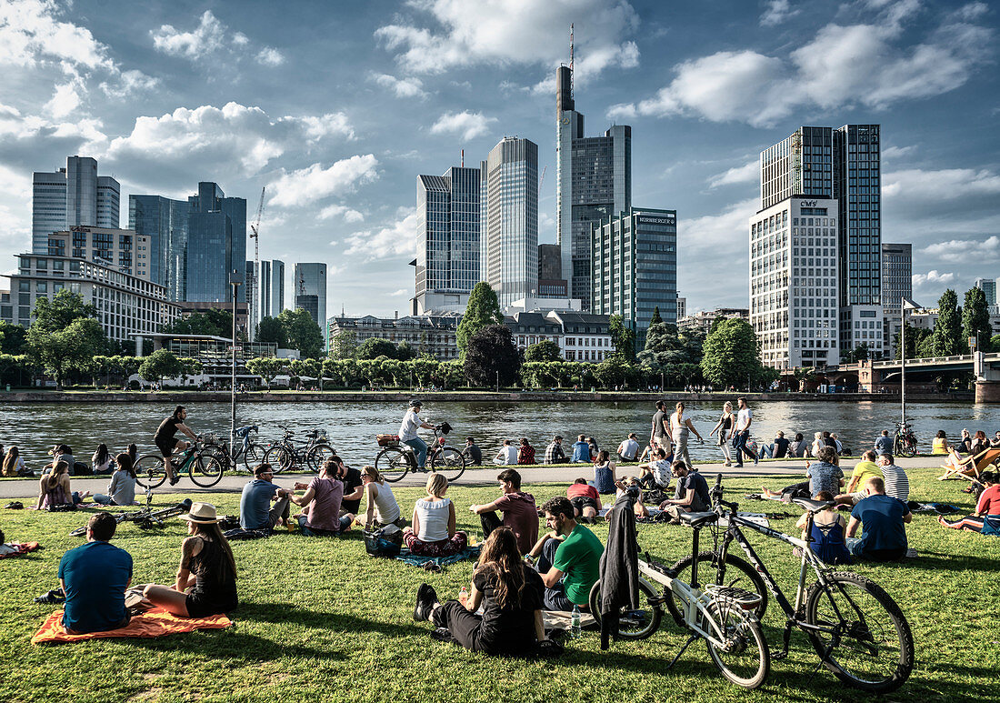 Lawn on the banks of the Main opposite bank district, Commerzbank, Frankfurt am Main