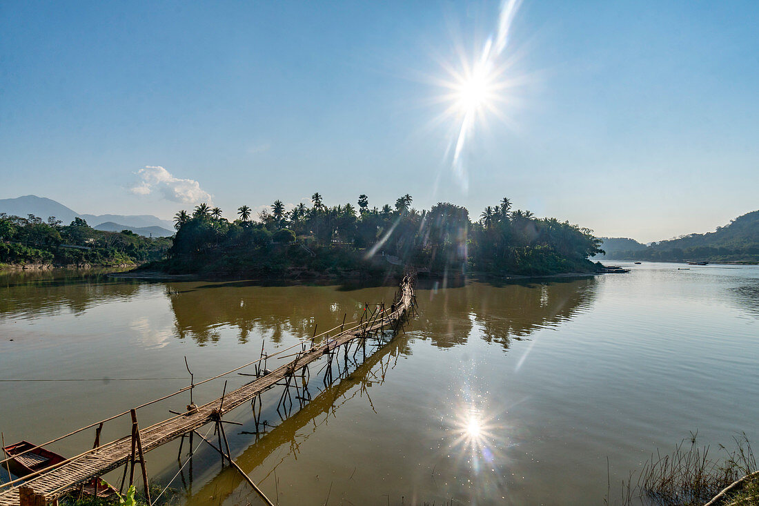 Bamboo bridge over the Nam Khan River, side branch of the Mekong River, Luang Prabang, Laos