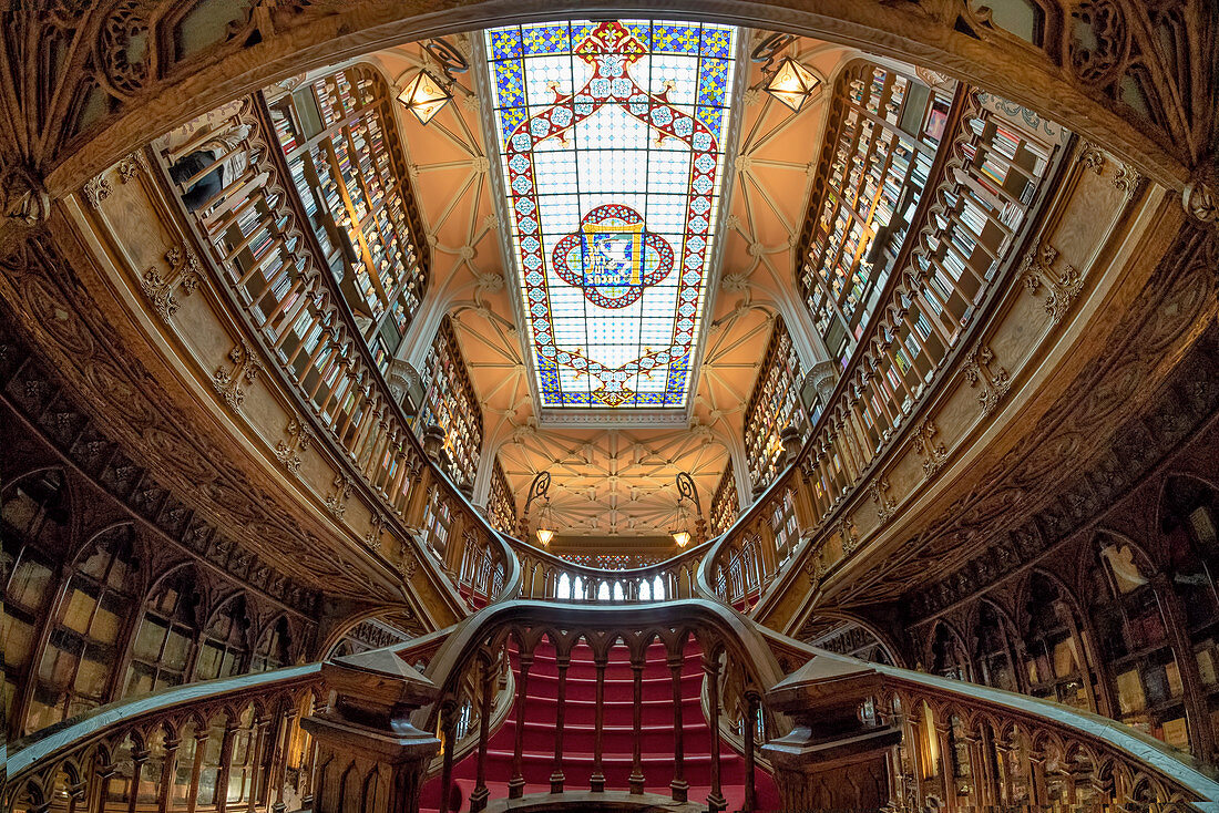 Interior shot of the Lello bookstore with stairs, Porto, Portugal