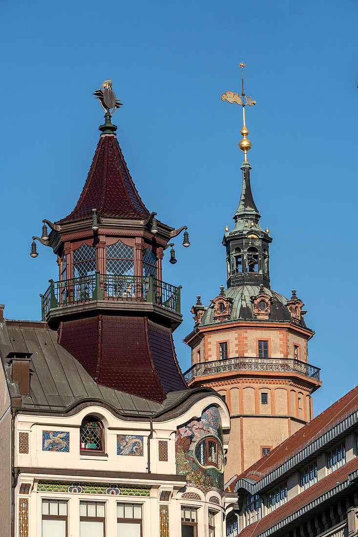 Historic Cafe Riquet and Niklaikirche in Leipzig, Saxony, Germany