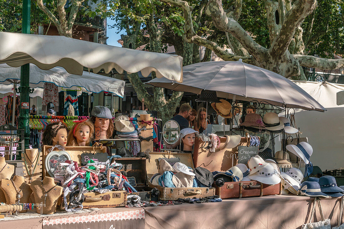 Market stall with hats in Saint Tropez, Var, France