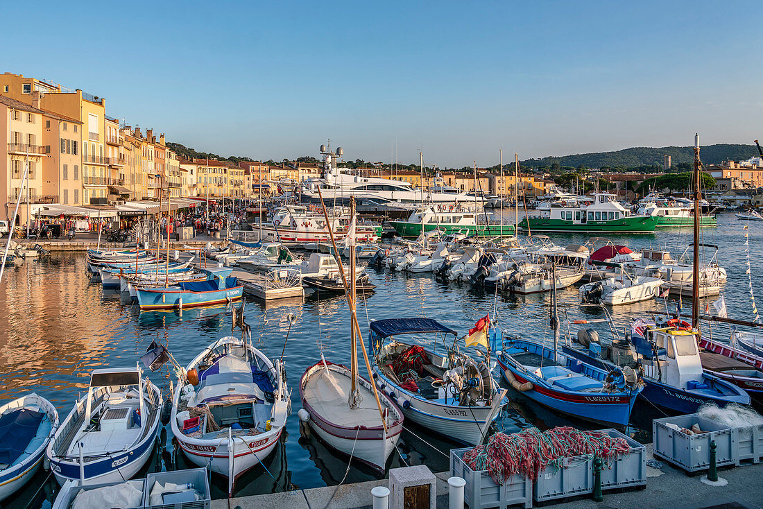 Fischerboote und Luxusyachten im Hafen von St. Tropez, Var, Côte d'Azur, Südfrankreich, Frankreich