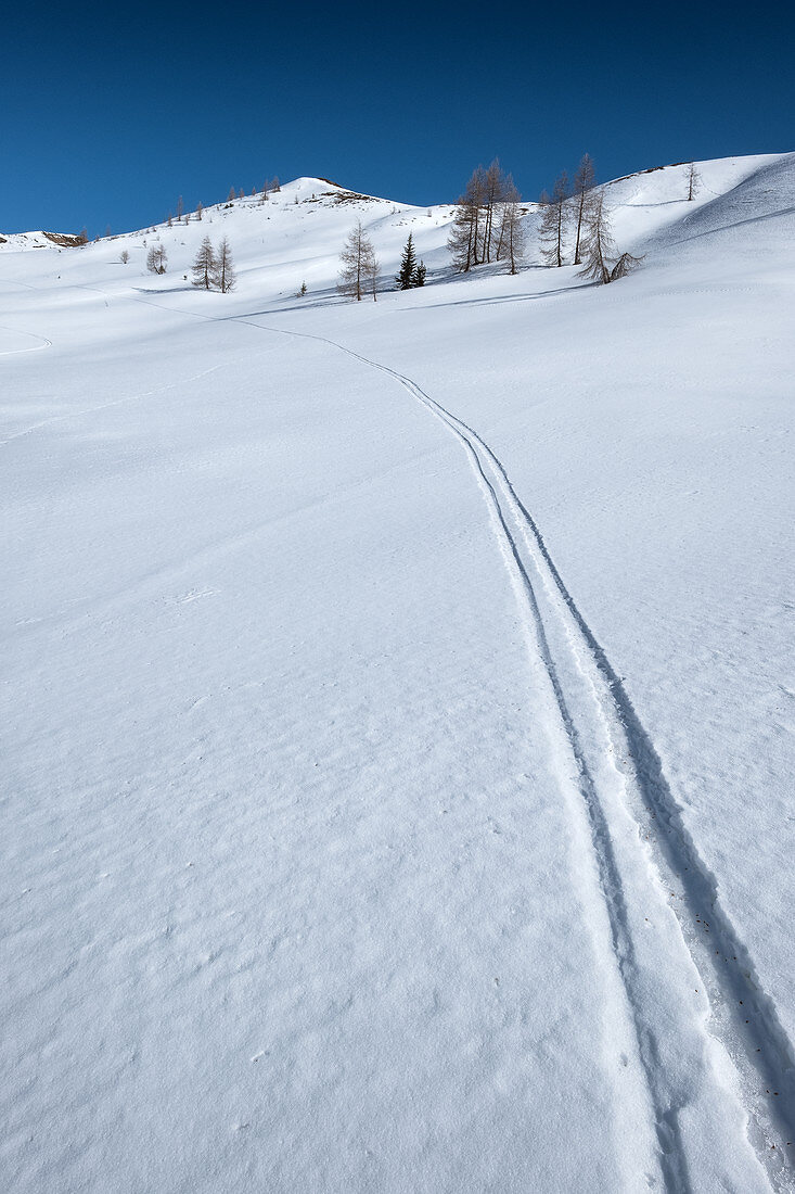 Skispuren im Schnee am Passo di Giau, Dolomiten, Cortina d’Ampezzo, Belluno, Italien