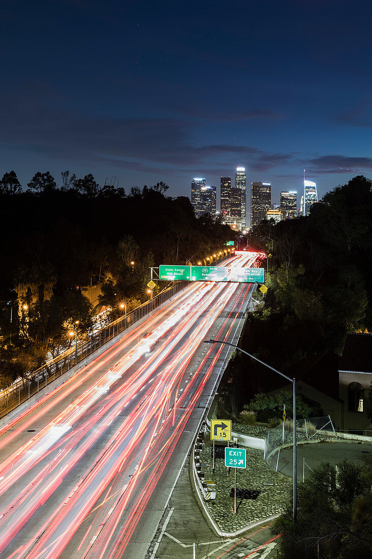 Long exposure cars driving along freeway, Los Angeles, California, USA