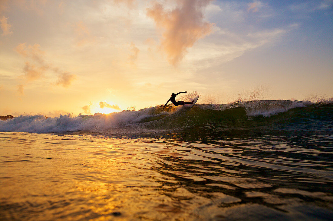 Surfer auf der Welle beim Sonnenuntergang, Sayulita, Nayarit, Mexiko