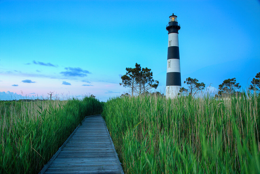 Bodi Island Lighthouse at sunset in North Carolina, USA