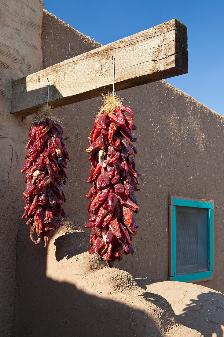 ed Chili Peppers Hanging Outdoors,Taos, New Mexico, USA
