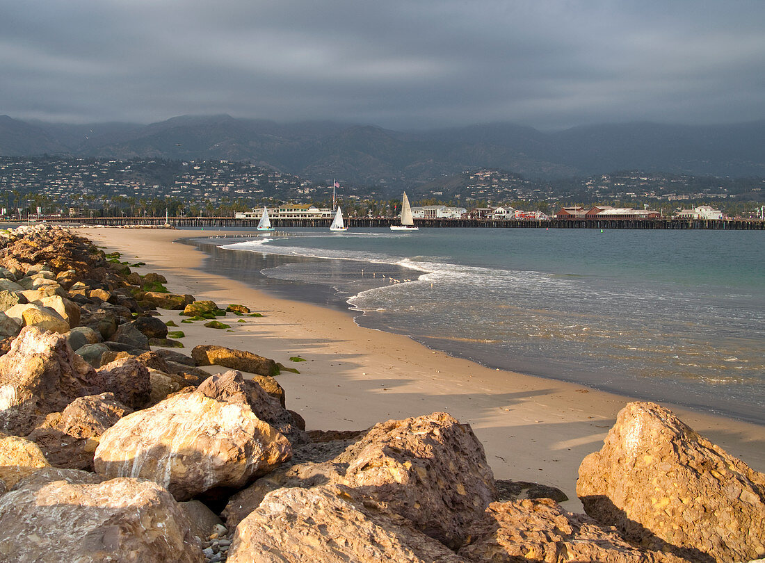 Rocky Beach and Boats on Water, Santa Barbara, California, USA