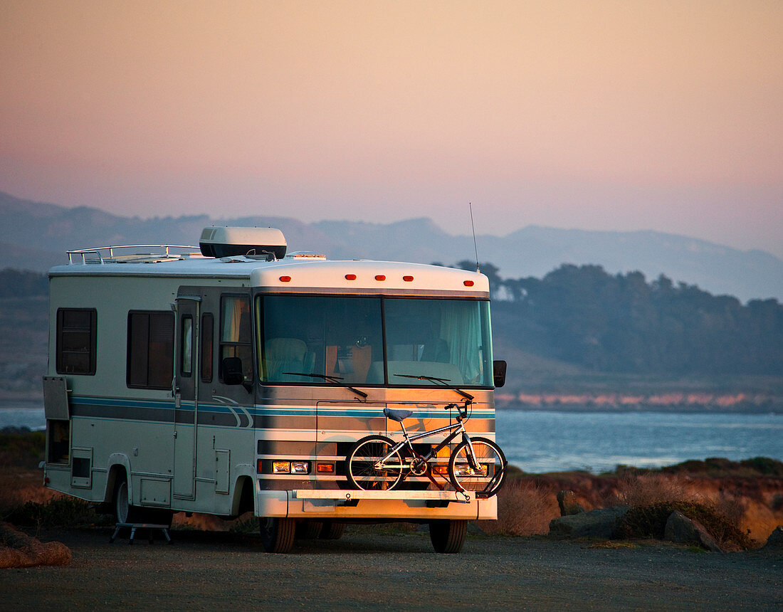 Motor home parked near ocean, California, USA