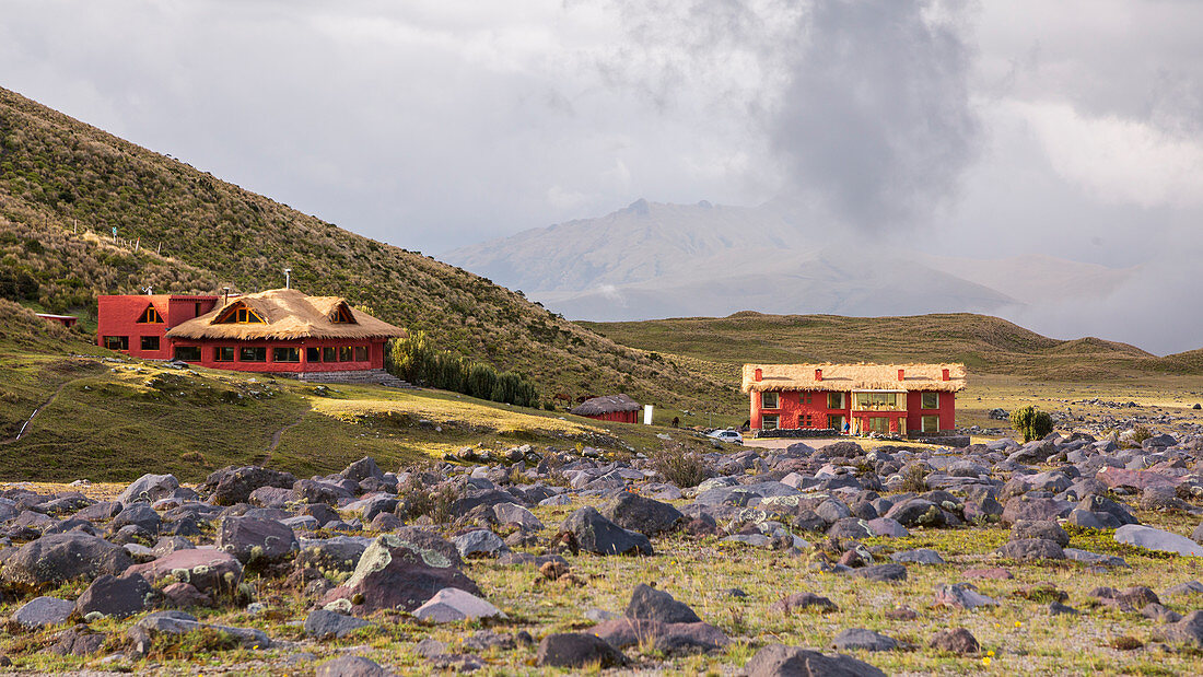 View of the houses of Tambopaxi Lodge in Cotopaxi National Park, Ecuador.