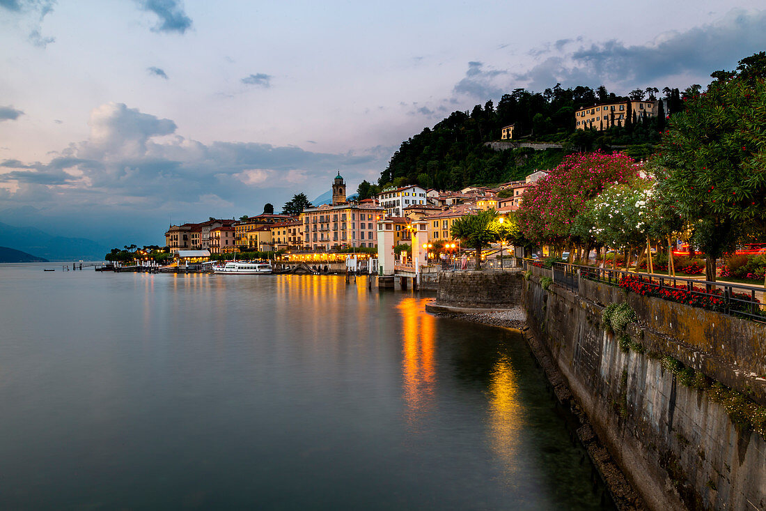 View of Lake Como and Bellagio at dusk, Province of Como, Lake Como, Lombardy, Italian Lakes, Italy, Europe