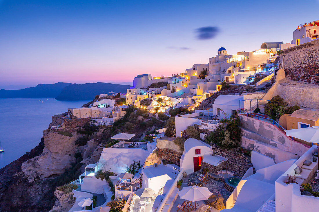 View of Oia village at dusk, Santorini, Cyclades, Aegean Islands, Greek Islands, Greece, Europe