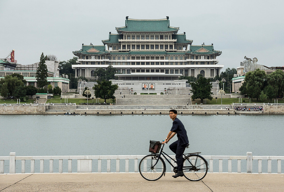 Grand People's Study House and Kim Il Sung Square, seen across Taedong River, Pyongyang, North Korea, Asia