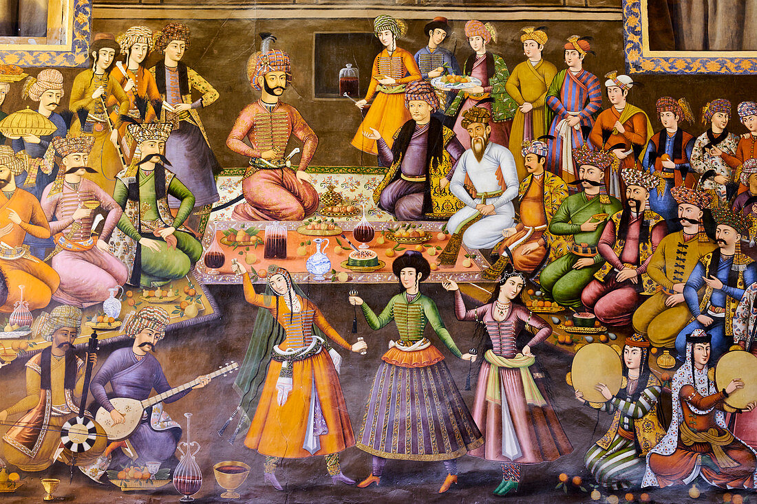Das Gemälde der Großen Halle (Thronsaal), Empfang von Shah Abbas I. für Vali Mohammad Khan, Chehel Sotun Palast, Isfahan, Iran, Naher Osten