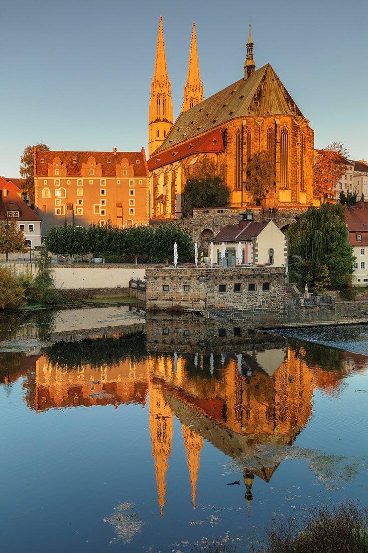 View over Neisse River to St. Peter and Paul Church at sunrise, Goerlitz, Saxony, Germany, Europe