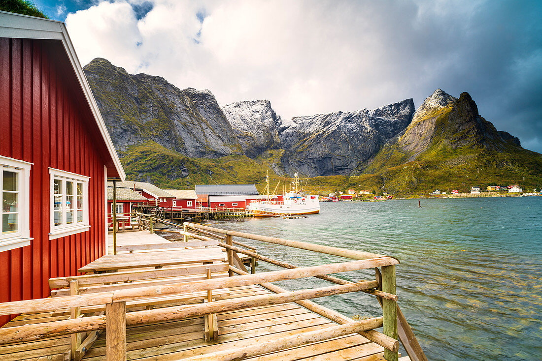 Harbor and typical rorbu, Reine, Nordland, Lofoten Islands, Norway, Europe