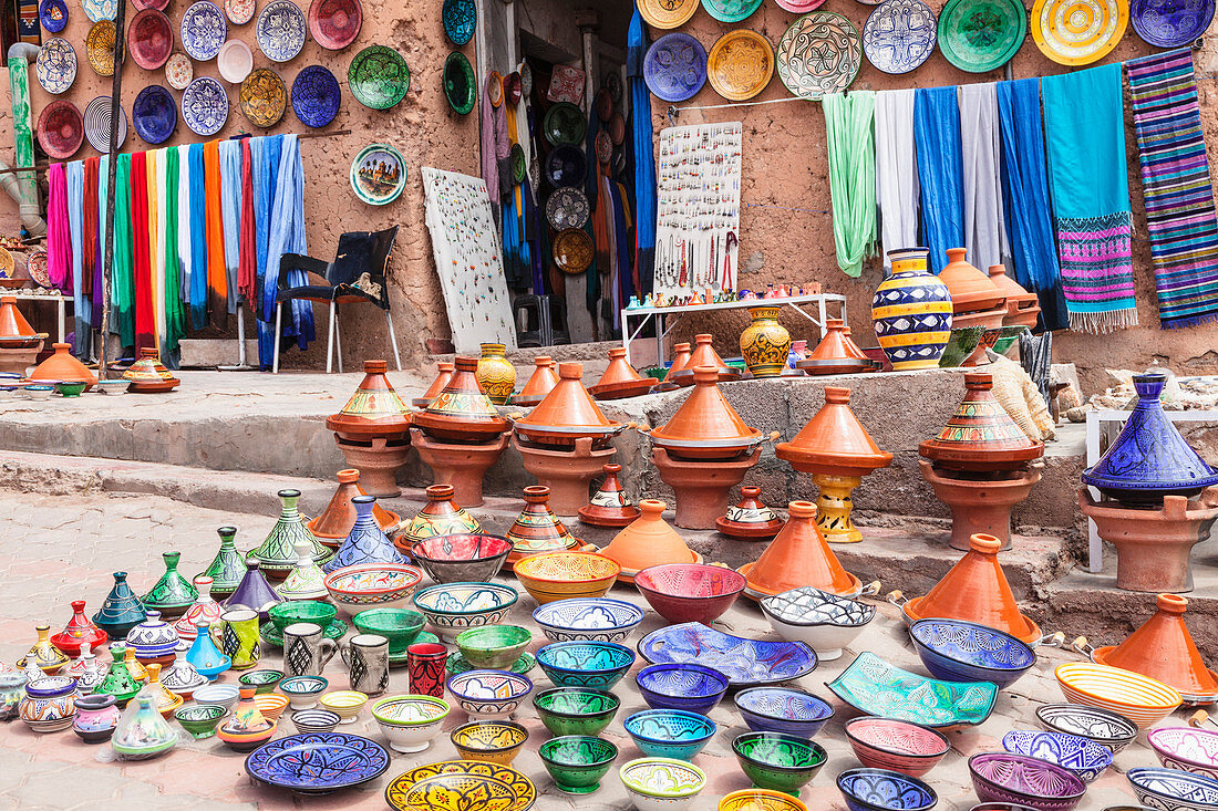 Pottery and handicrafts in the Artisans Souk, Ouarzazate, Morocco, North Africa, Africa