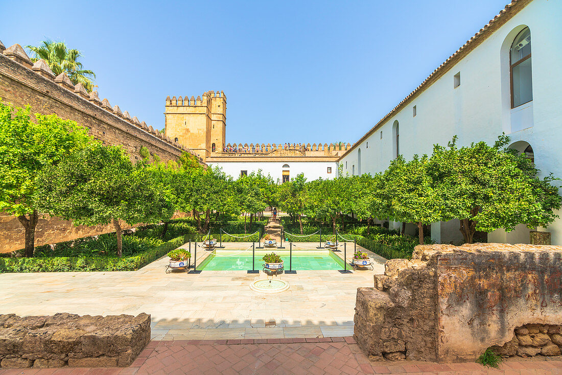 Orangenbäume und Pool im alten Hof Patio Morisco, Alcazar de Los Reyes Cristianos, Cordoba, UNESCO-Welterbestätte, Andalusien, Spanien, Europa