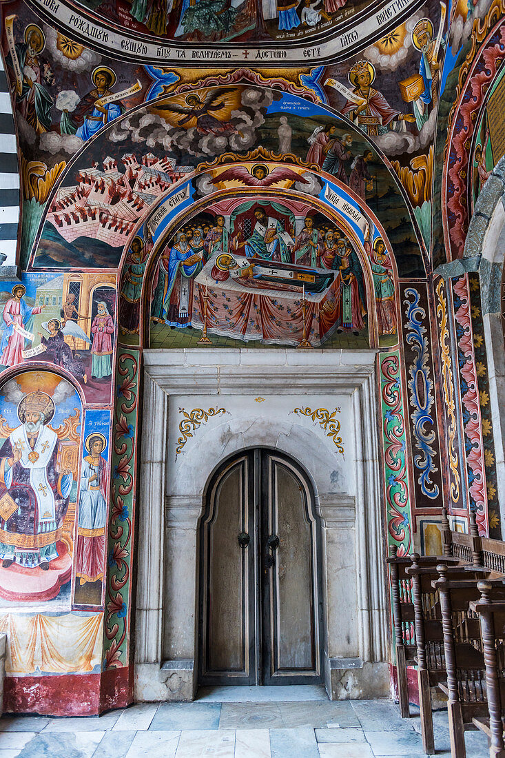 Christian wall paintings, Rila Monastery, UNESCO World Heritage Site, Rila mountains, Bulgaria, Europe