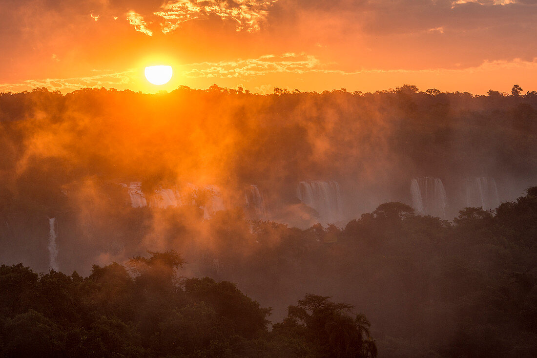 Scenic view of rainforest surrounding†Iguazu†Falls at sunset, Parana, Brazil