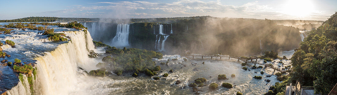 Panorama of Devils Throat chasm and splashing Iguazu Falls, Parana, Brazil