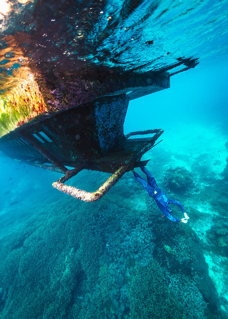 Unterwasseransicht des Tauchers, der kopfüber auf dem versunkenen Schiffswrack steht, Nusa Penida, Bali, Indonesien