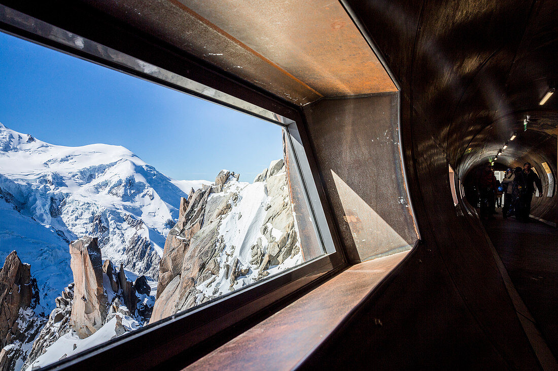 View from inside tube that allows tourists to go around Aiguille du Midi peak in French Alps, Chamonix Mont-Blanc, Haute Savoie, France
