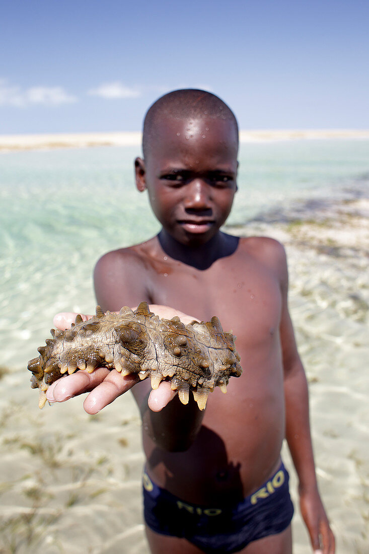 Junge mit Meeresschnecke, Mosambik