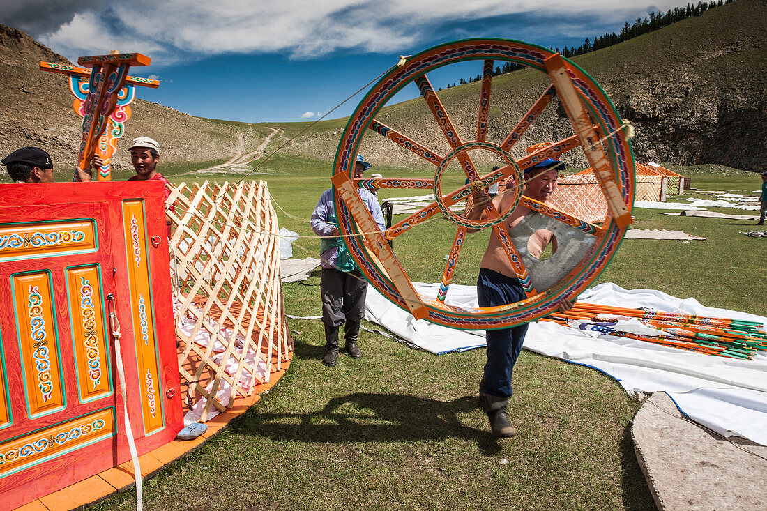 Mongol people at Lapis Sky Camp dismantling ger (yurt) camp at end of Summer Trip of 2017, Bunkhan, Bulgan, Mongolia