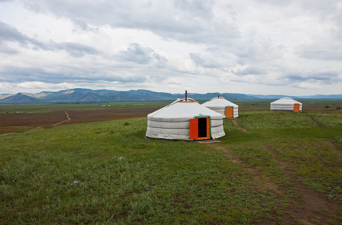 Mongolian yurt (ger) sleeping and recreational tents on steppe, Selenge Province, Mongolia
