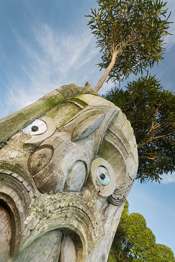 Maori wood carving, Akaroa, Banks Peninsula, Canterbury, South Island, New Zealand, Oceania