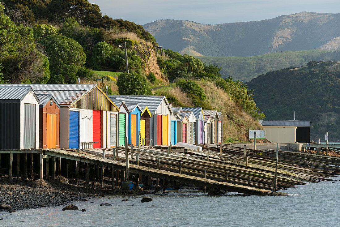 colorful boathouses, Banks Peninsula, Canterbury, South Island, New Zealand, Oceania