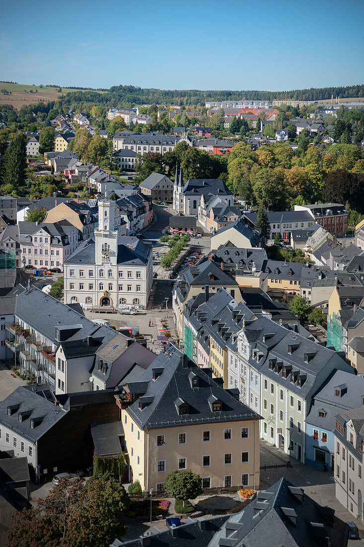 View from the steeple of St Wolfgang's church on historic old town Schneeberg, UNESCO World Heritage Montanregion Erzgebirge, Schneeberg, Saxony