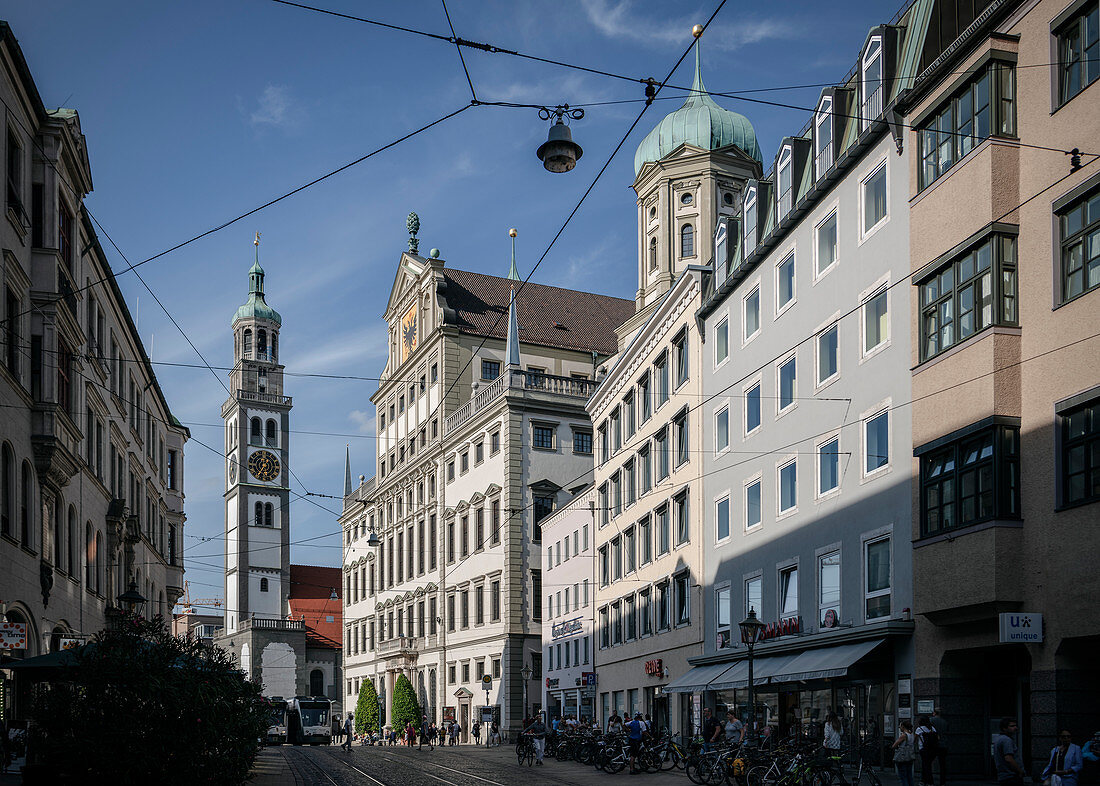 Blick zum Perlachturm und Rathaus, UNESCO Welterbe Historische Wasserwirtschaft, Augsburg, Bayern, Deutschland