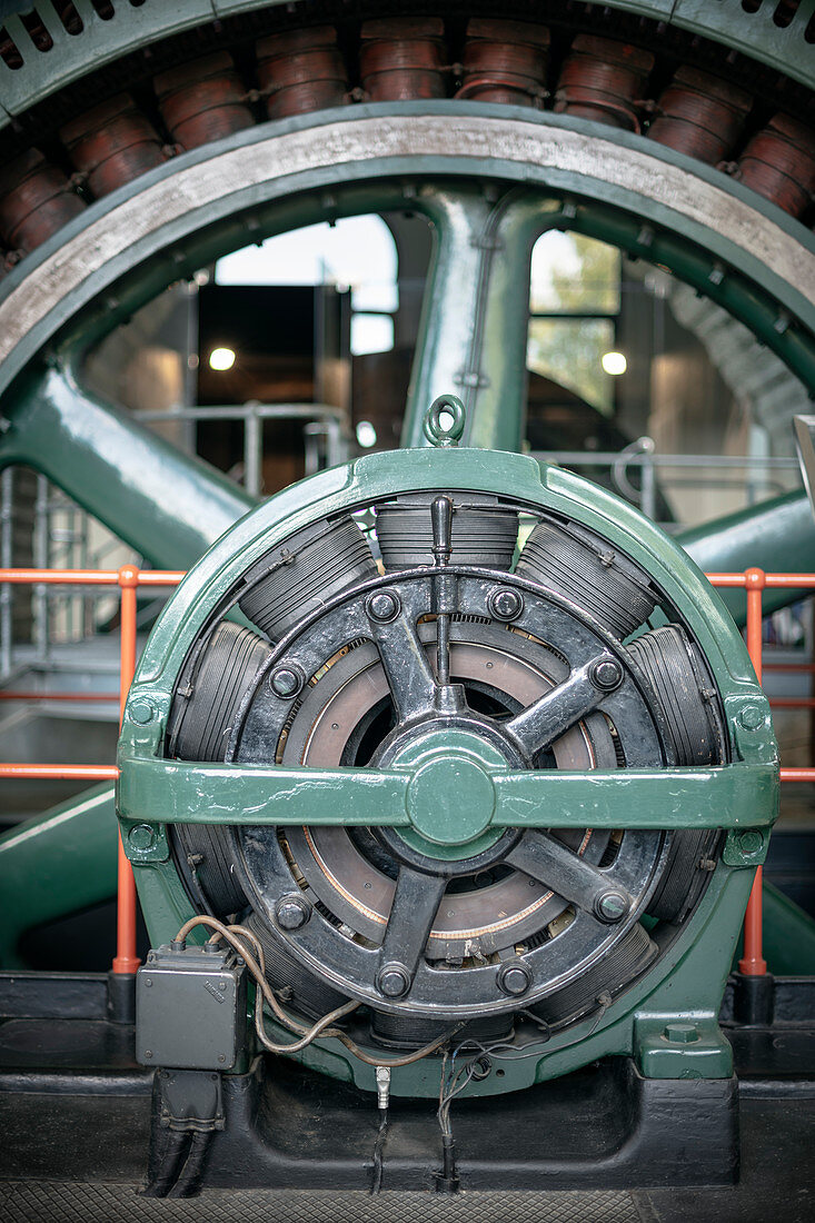 Generator in the power plant Langweid (Lechmuseum Bayern), UNESCO world heritage historical water management, Augsburg, Bavaria, Germany